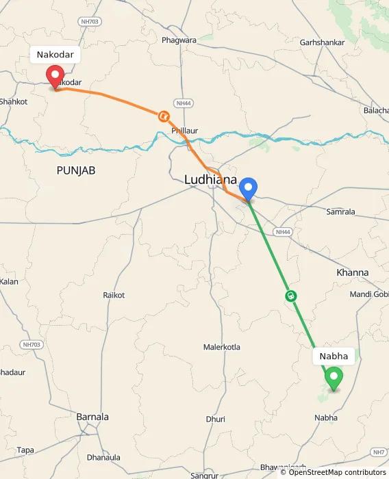 Route map showing distance and travel time from Nabha, India to Nakodar, India