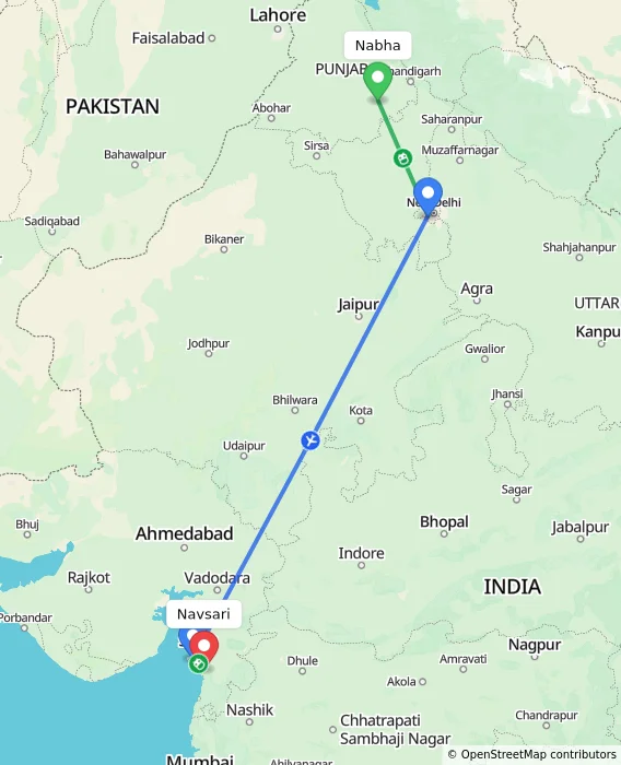 Route map showing distance and travel time from Nabha, India to Navsari, India