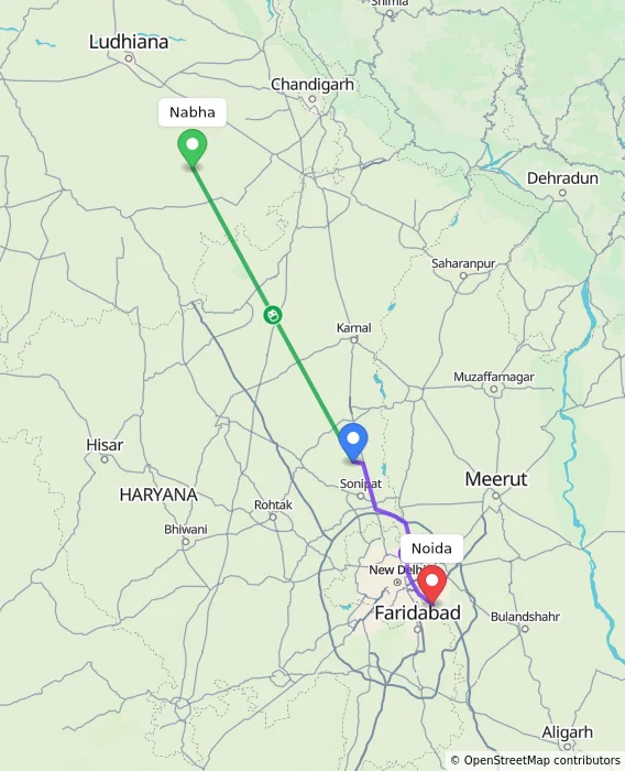 Route map showing distance and travel time from Nabha, India to Noida, India
