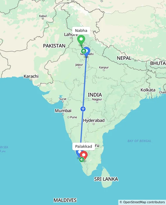 Route map showing distance and travel time from Nabha, India to Palakkad, India