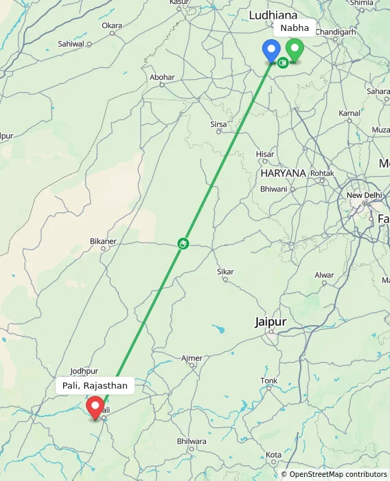 Route map showing distance and travel time from Nabha, India to Pali, Rajasthan, India