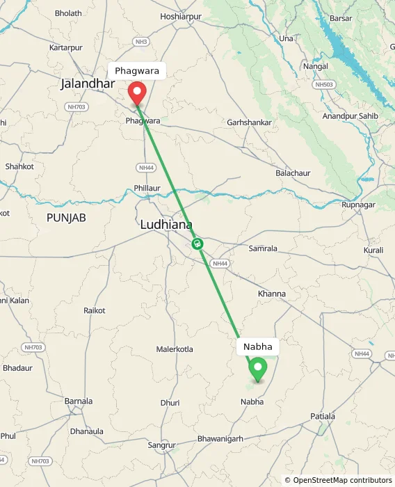 Route map showing distance and travel time from Nabha, India to Phagwara, India