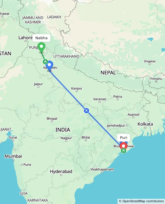 Route map showing distance and travel time from Nabha, India to Puri, India