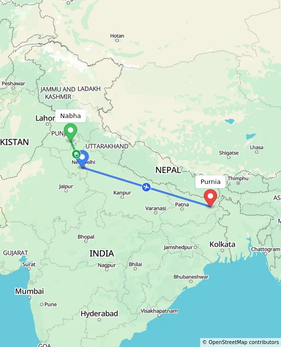 Route map showing distance and travel time from Nabha, India to Purnia, India