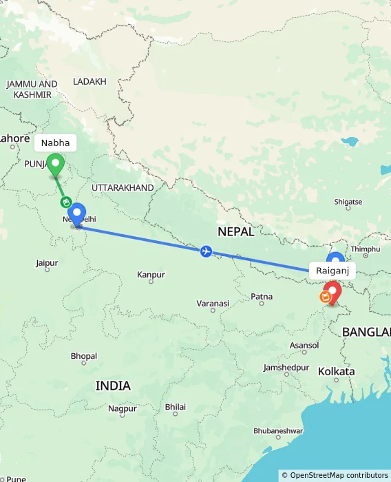 Route map showing distance and travel time from Nabha, India to Raiganj, India