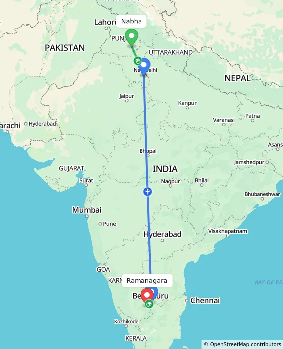 Route map showing distance and travel time from Nabha, India to Ramanagara, India