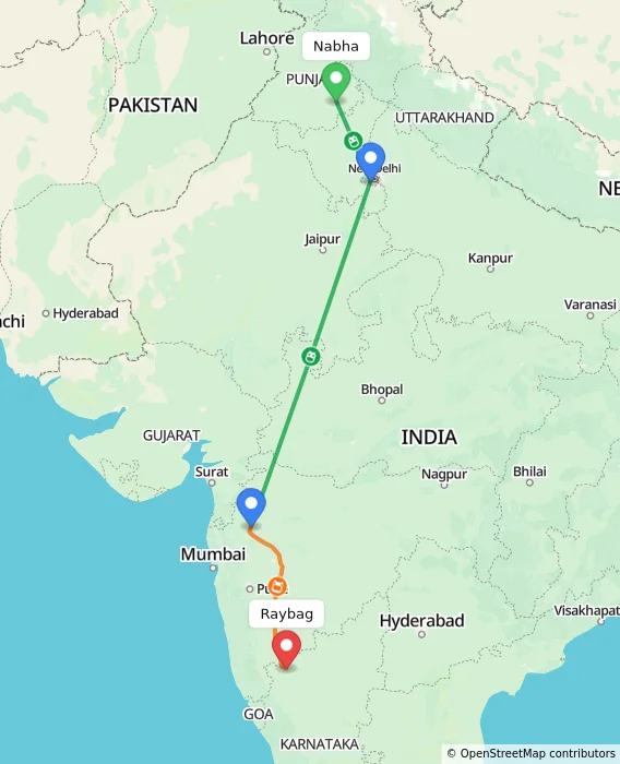 Route map showing distance and travel time from Nabha, India to Raybag, India