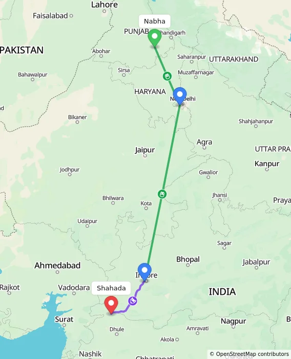 Route map showing distance and travel time from Nabha, India to Shahada, India