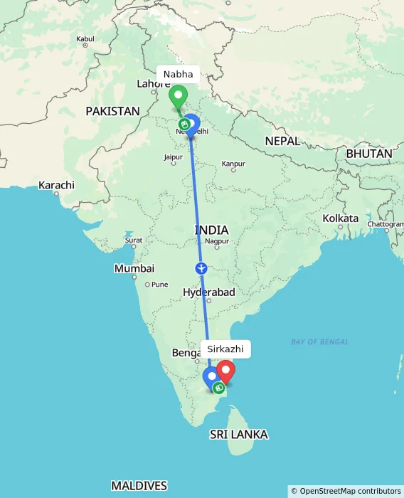 Route map showing distance and travel time from Nabha, India to Sirkazhi, India