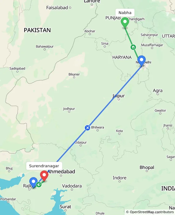 Route map showing distance and travel time from Nabha, India to Surendranagar, India