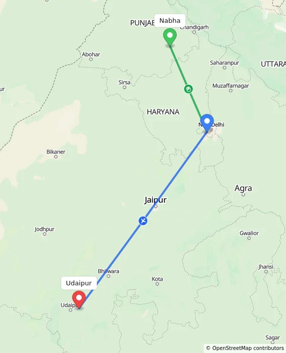 Route map showing distance and travel time from Nabha, India to Udaipur, India