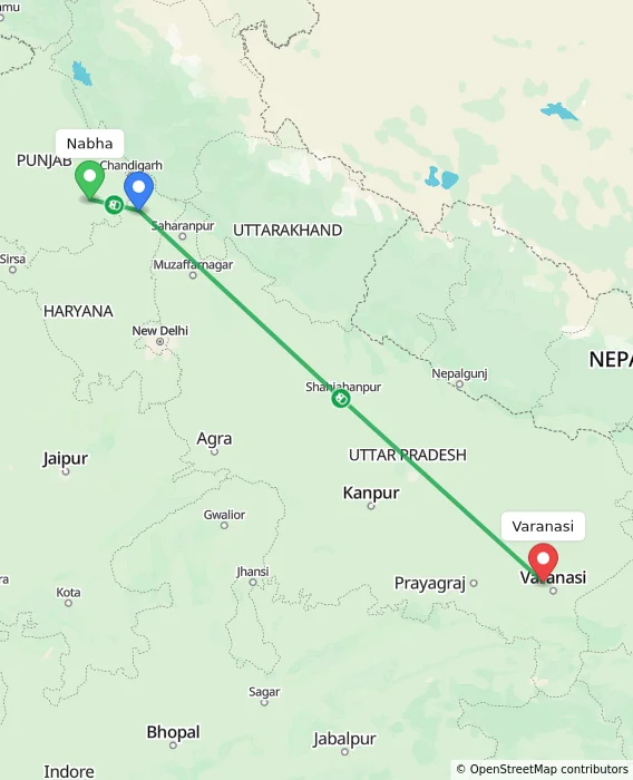 Route map showing distance and travel time from Nabha, India to Varanasi, India