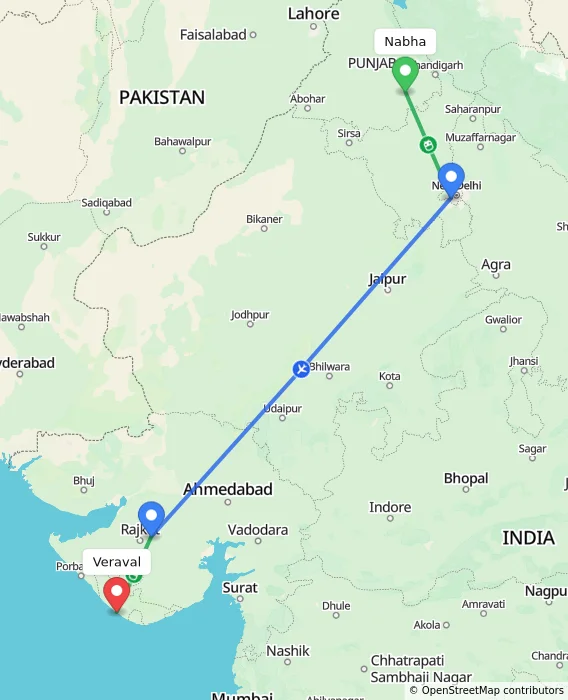 Route map showing distance and travel time from Nabha, India to Veraval, India