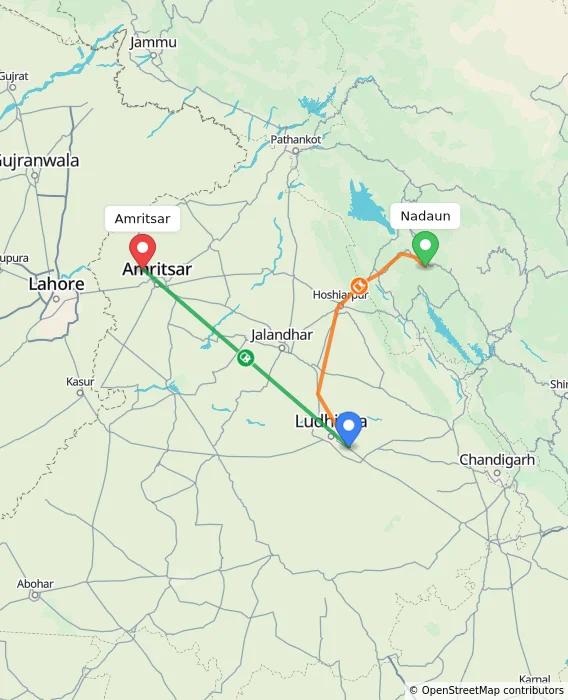 Route map showing distance and travel time from Nadaun, India to Amritsar, India
