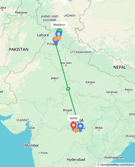 Route map showing distance and travel time from Nadaun, India to Ashti, India
