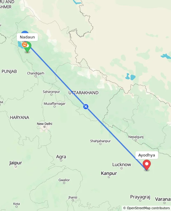 Route map showing distance and travel time from Nadaun, India to Ayodhya, India