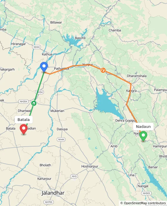 Route map showing distance and travel time from Nadaun, India to Batala, India