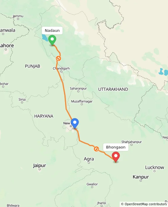 Route map showing distance and travel time from Nadaun, India to Bhongaon, India