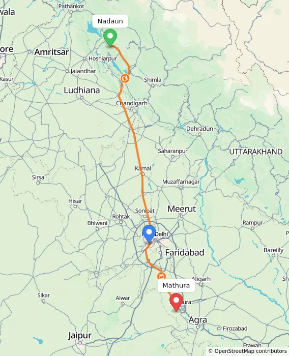 Route map showing distance and travel time from Nadaun, India to Mathura, India