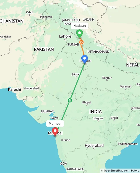 Route map showing distance and travel time from Nadaun, India to Mumbai, India