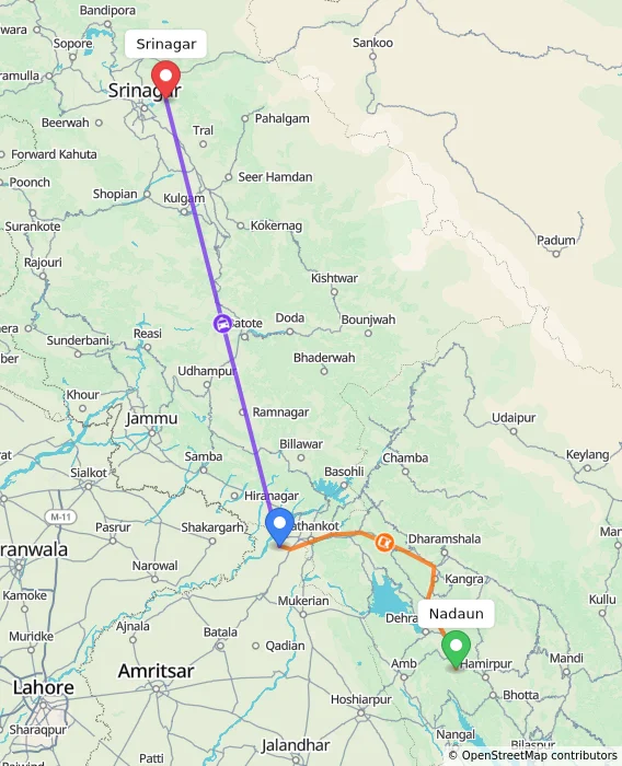 Route map showing distance and travel time from Nadaun, India to Srinagar, India