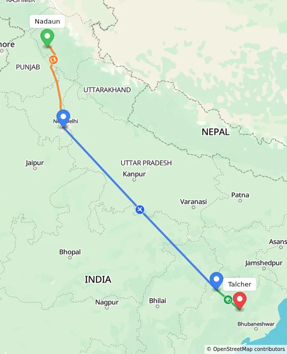 Route map showing distance and travel time from Nadaun, India to Talcher, India