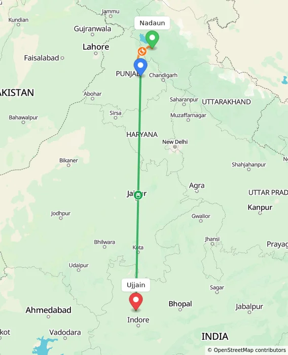 Route map showing distance and travel time from Nadaun, India to Ujjain, India