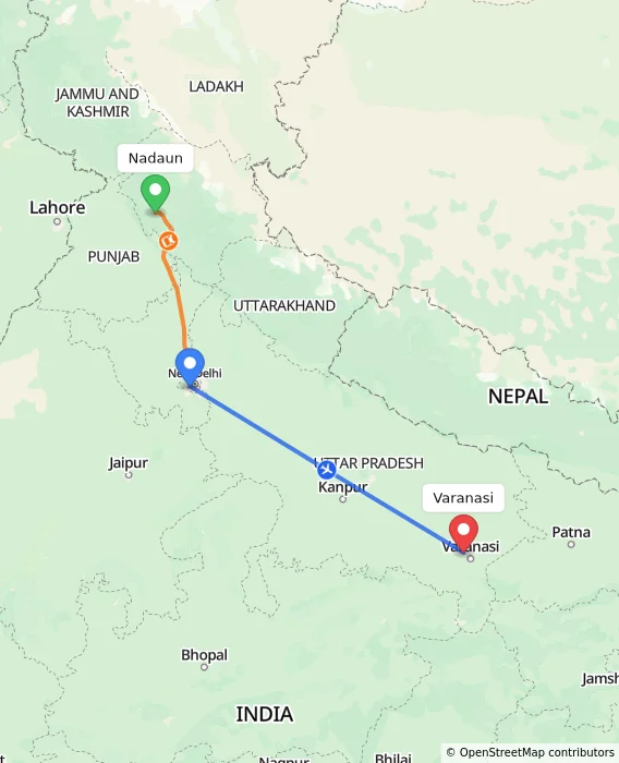 Route map showing distance and travel time from Nadaun, India to Varanasi, India