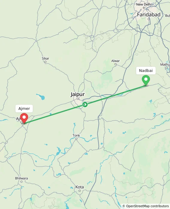 Route map showing distance and travel time from Nadbai, India to Ajmer, India