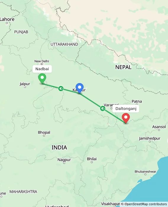 Route map showing distance and travel time from Nadbai, India to Daltonganj, India