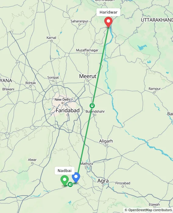 Route map showing distance and travel time from Nadbai, India to Haridwar, India