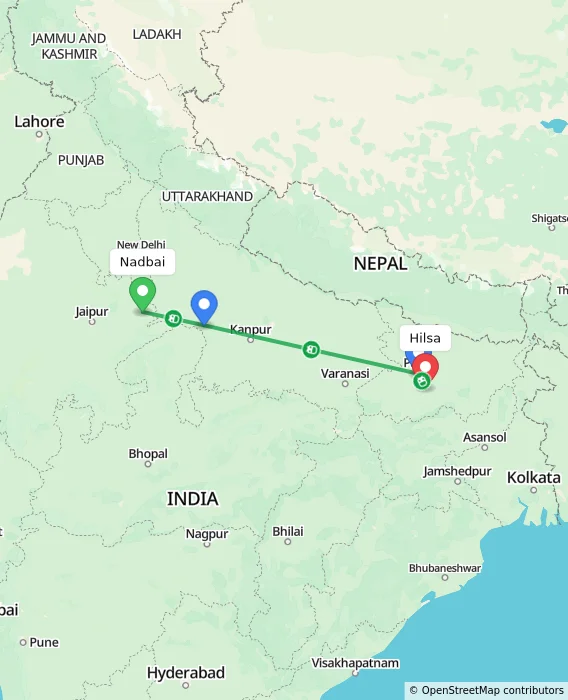 Route map showing distance and travel time from Nadbai, India to Hilsa, India