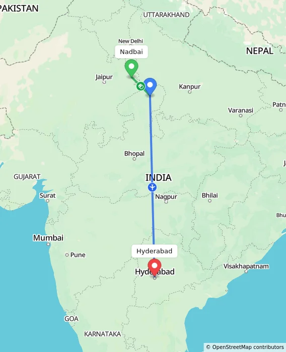 Route map showing distance and travel time from Nadbai, India to Hyderabad, India