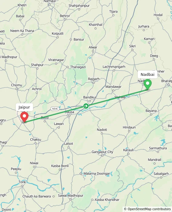 Route map showing distance and travel time from Nadbai, India to Jaipur, India