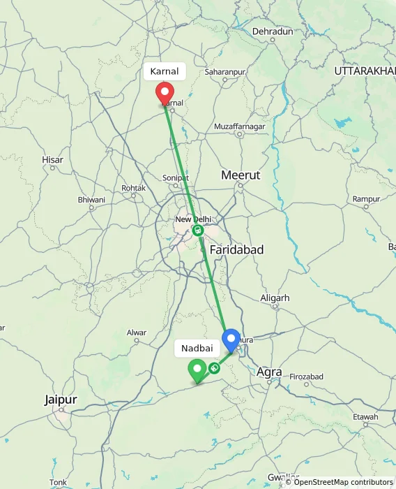 Route map showing distance and travel time from Nadbai, India to Karnal, India