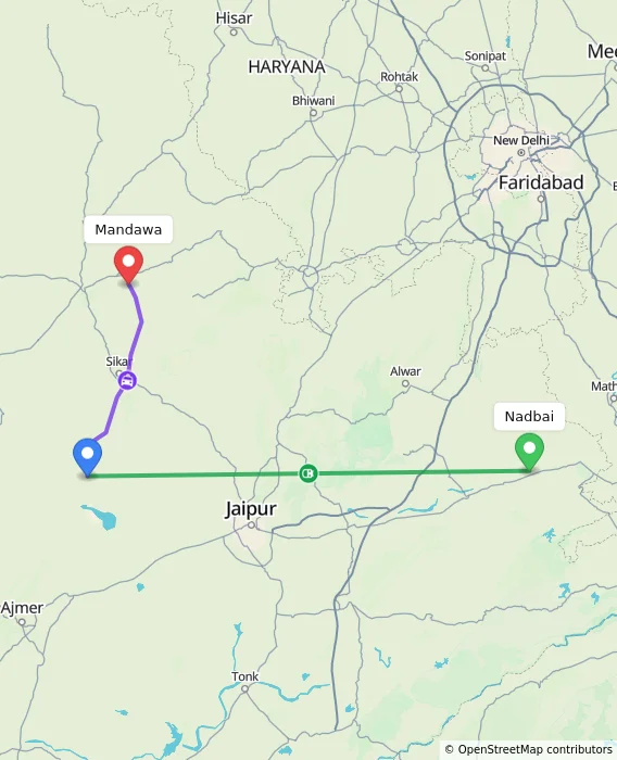 Route map showing distance and travel time from Nadbai, India to Mandawa, India