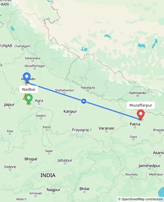 Route map showing distance and travel time from Nadbai, India to Muzaffarpur, India