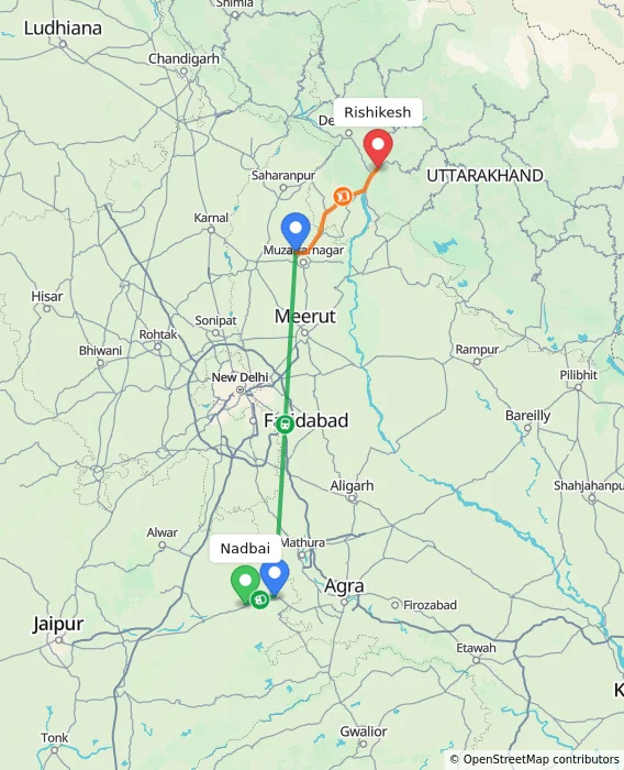 Route map showing distance and travel time from Nadbai, India to Rishikesh, India