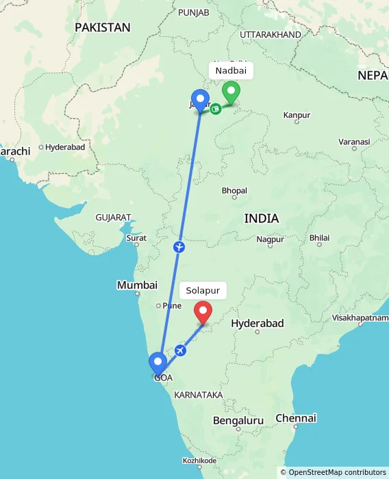 Route map showing distance and travel time from Nadbai, India to Solapur, India