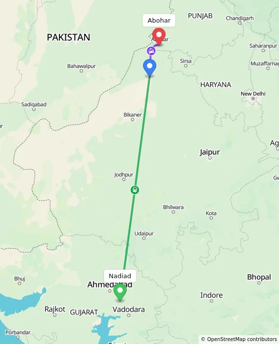 Route map showing distance and travel time from Nadiad, India to Abohar, India
