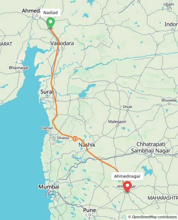 Route map showing distance and travel time from Nadiad, India to Ahmednagar, India