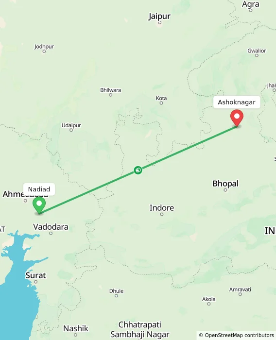 Route map showing distance and travel time from Nadiad, India to Ashoknagar, India