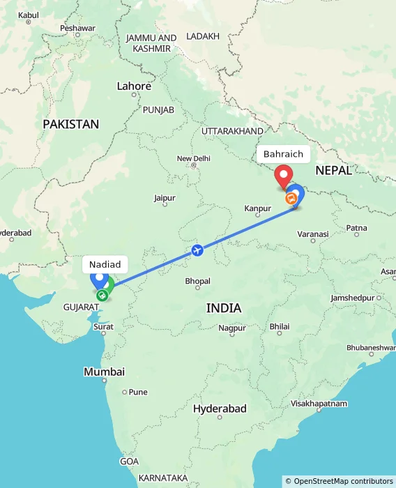 Route map showing distance and travel time from Nadiad, India to Bahraich, India