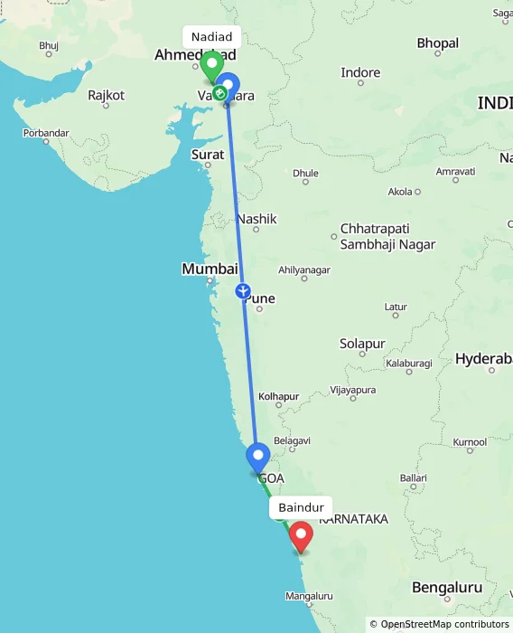 Route map showing distance and travel time from Nadiad, India to Baindur, India