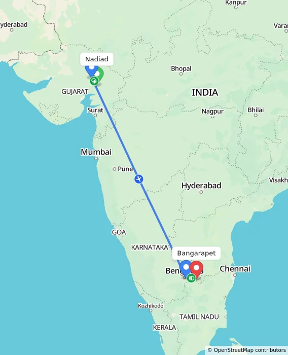 Route map showing distance and travel time from Nadiad, India to Bangarapet, India