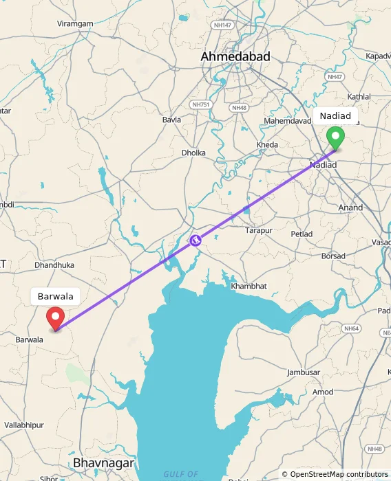 Route map showing distance and travel time from Nadiad, India to Barwala, India