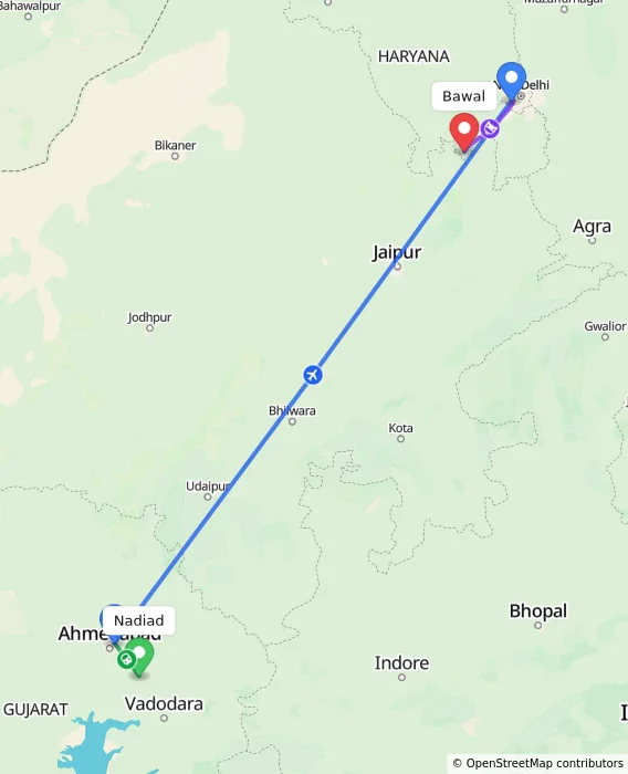 Route map showing distance and travel time from Nadiad, India to Bawal, India
