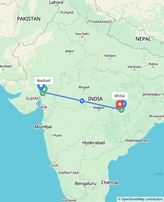 Route map showing distance and travel time from Nadiad, India to Bhilai, India