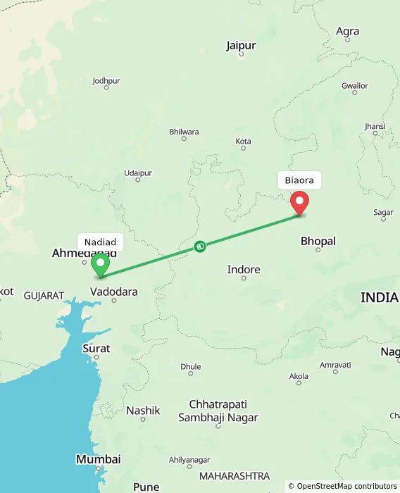 Route map showing distance and travel time from Nadiad, India to Biaora, India