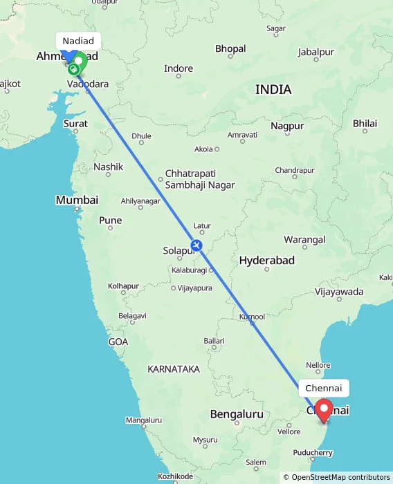 Route map showing distance and travel time from Nadiad, India to Chennai, India